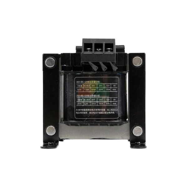 Industrial control transformer with a black housing and technical specification label