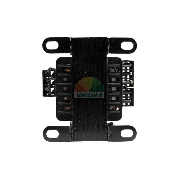 Black power transformer with metal mounting brackets isolated on white background.