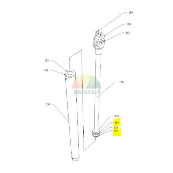 Technical drawing of a hydraulic cylinder assembly with parts 150-159 and item 154 highlighted in yellow.