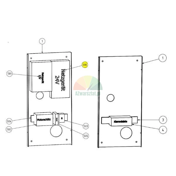 Technical drawing of a mounting plate with electrical components, with the 24V power supply unit highlighted as number 500.