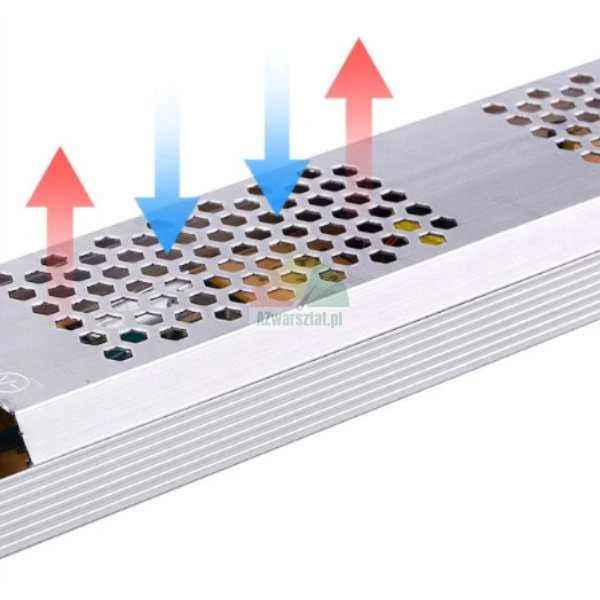 Slim metal power supply with ventilation holes and arrows showing airflow and heat dissipation.
