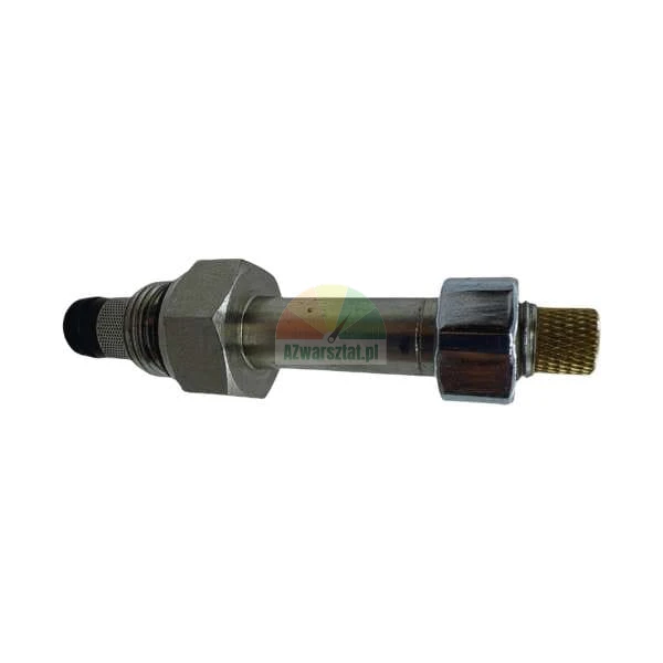 Metal valve or sensor probe with hexagonal nuts and a brass knurled tip on a white background.