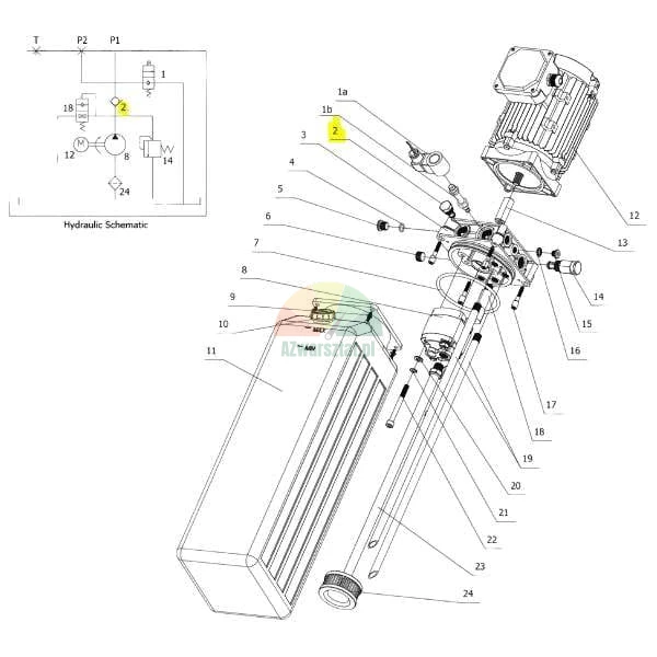 Exploded view and hydraulic schematic of a hydraulic power pack with highlighted check valve (number 2).