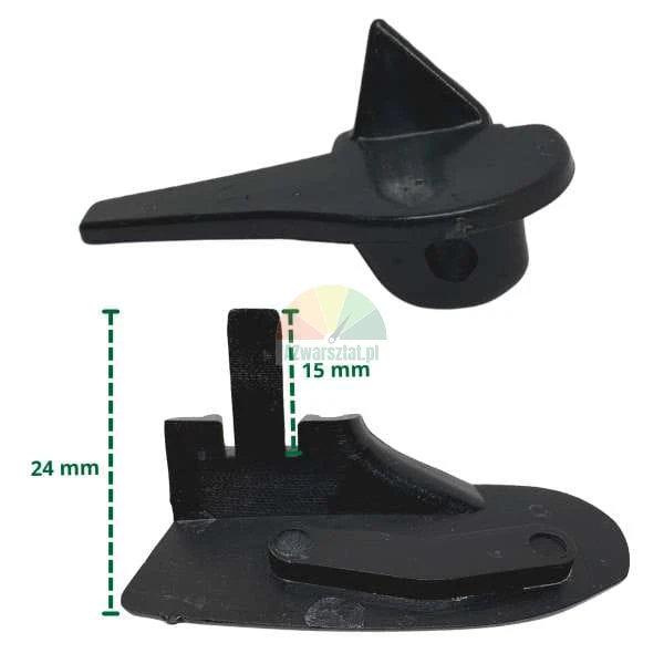 Black plastic structural element with dimensions of 15 mm and 24 mm shown from two perspectives.