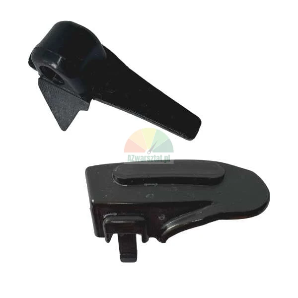 Two black plastic latch mechanism components, side and top view.
