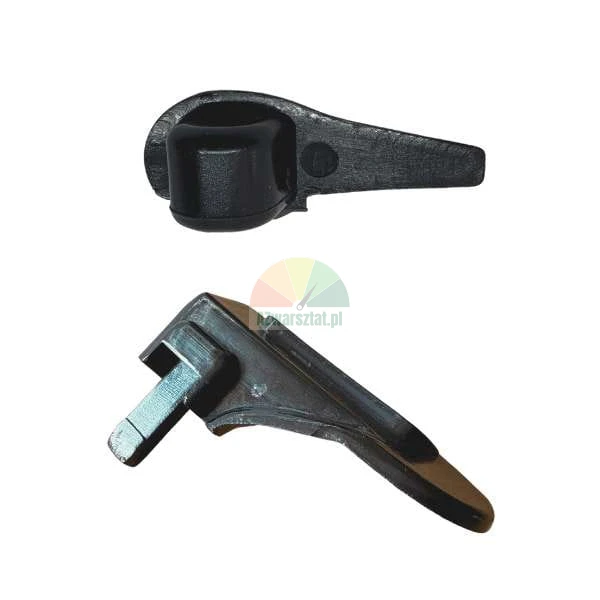 Black plastic furniture component shown from two different perspectives.