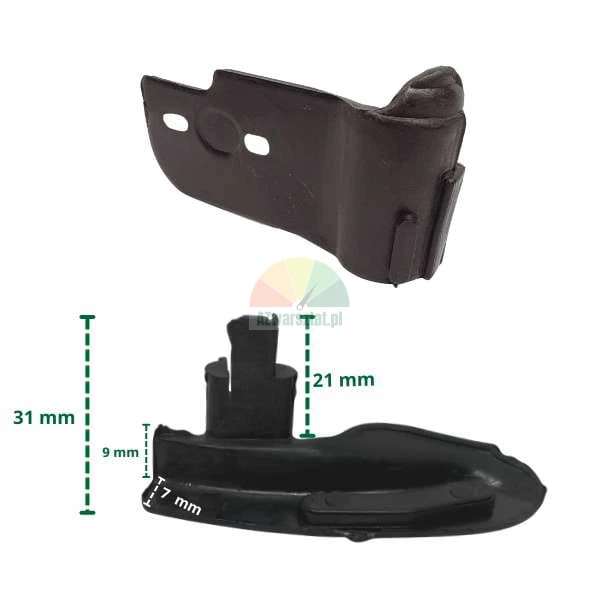 Black rubber car seal end piece shown from two angles with dimensions 31 mm, 21 mm, 9 mm and 17 mm marked in green.