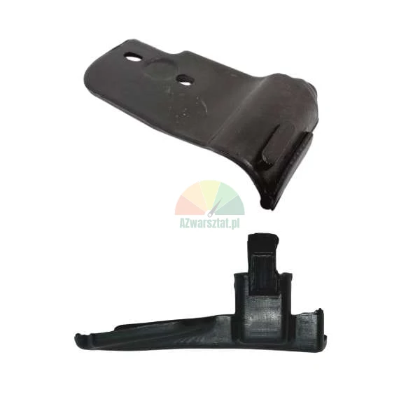 Black metal mounting bracket shown from two different perspectives.