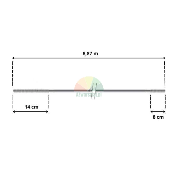 Technical diagram of a metal rod with a total length of 8.87 m, featuring threaded ends of 14 cm and 8 cm.