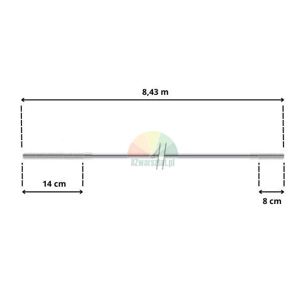 Metal rod with a total length of 8.43 m featuring threaded ends of 14 cm and 8 cm.