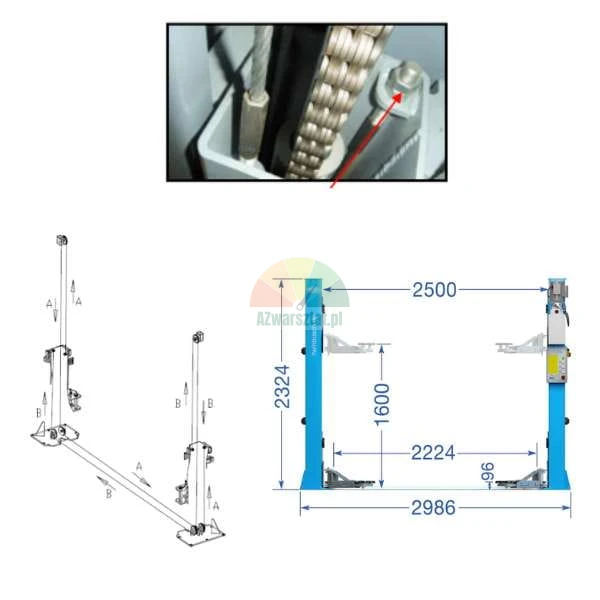 Steel cable for car lift 7.47m for Twin Busch TW242G(E) - technical diagram