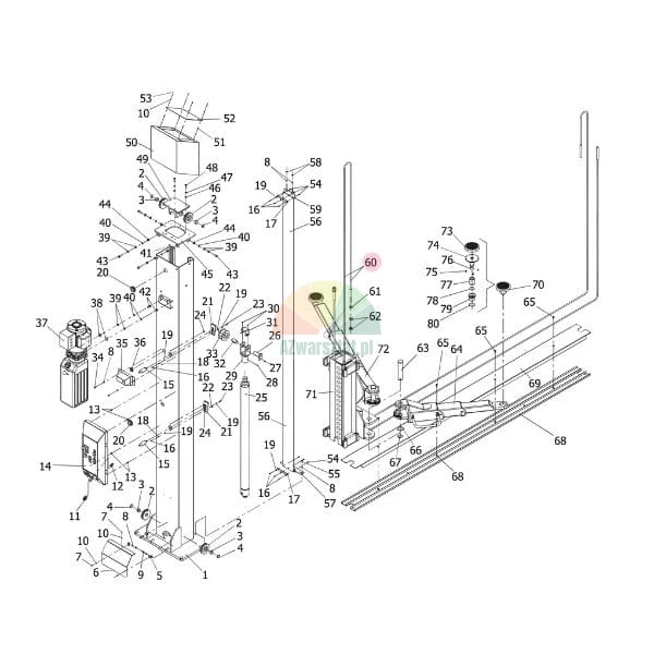 Exploded view technical diagram of a car lift with numbered components.