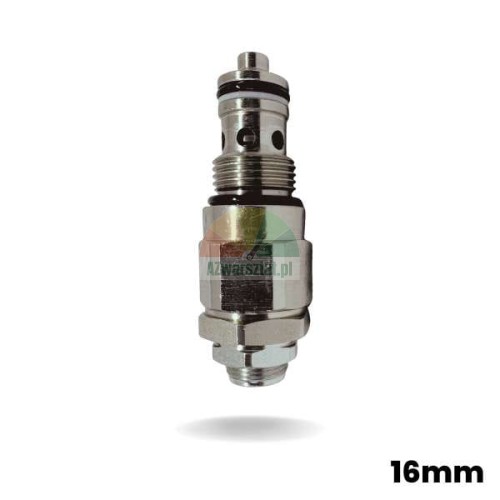 Hydraulic pressure relief valve 16mm with 19mm thread, silver metal cartridge valve.