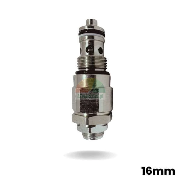 Hydraulic pressure relief valve 16mm with 19mm thread, silver metal cartridge valve.