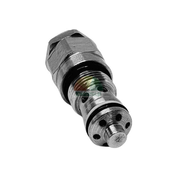 Metal hydraulic cartridge valve with black O-ring seals and multiple orifices.