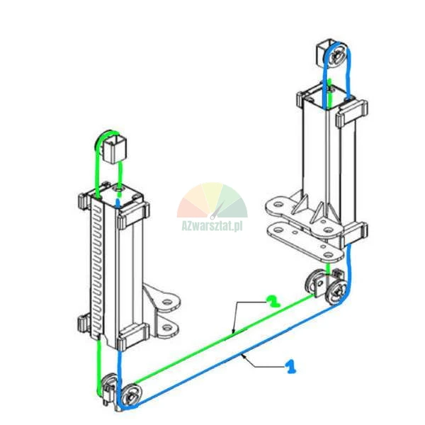 Technical diagram of the cable and pulley system in a two-post lift, showing the routing of the blue (1) and green (2) cables.