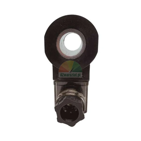 Black solenoid valve coil with a circular mounting hole and an electrical connector on a white background.