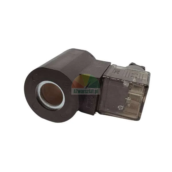 Solenoid valve coil with DIN connector, black body with transparent plug.
