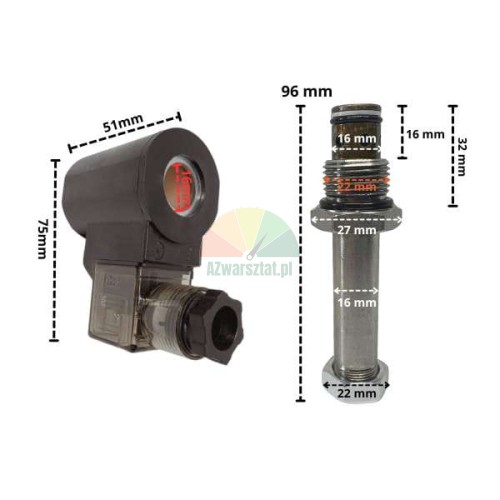 16mm / 24V DC solenoid coil with lowering valve and technical dimensions