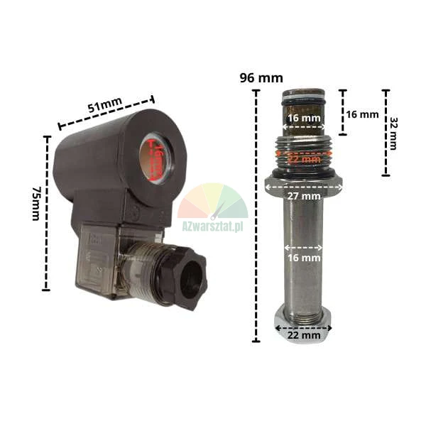 16mm / 24V DC solenoid coil with lowering valve and technical dimensions