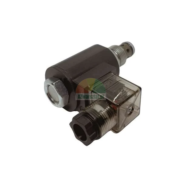 Hydraulic cartridge solenoid valve with coil and plug connector on a white background