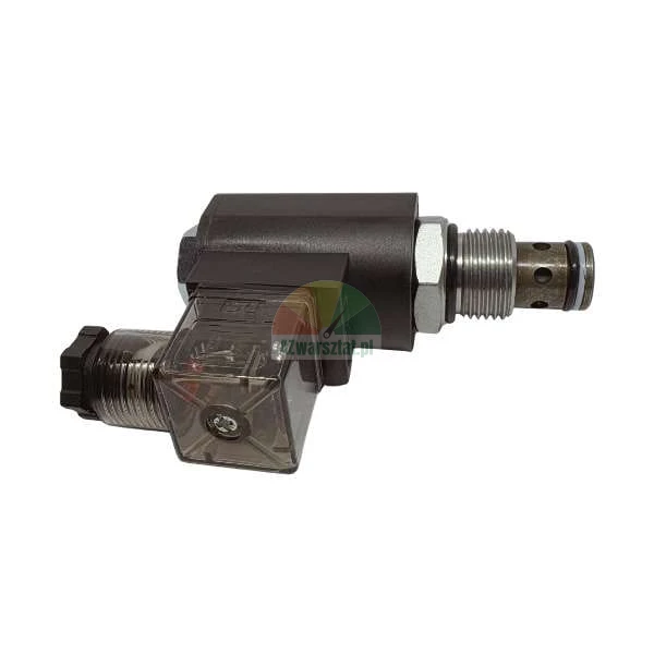Hydraulic cartridge solenoid valve with coil and electrical connector on white background.