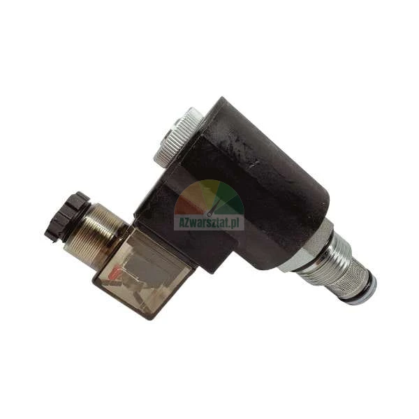 Hydraulic solenoid valve with a black coil, transparent connector, and threaded metal body.