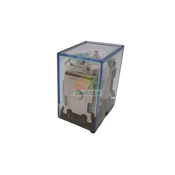 Electromagnetic relay in a transparent housing with a blue frame.