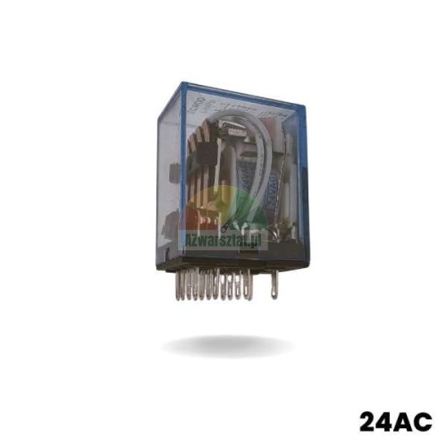 Auxiliary / power relay 24 AC in a transparent housing with visible contacts and pins
