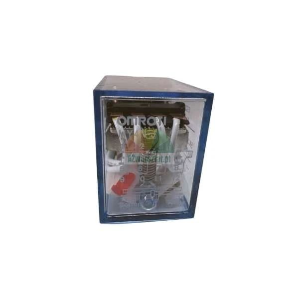 Omron MY4N electromagnetic relay in a transparent blue housing with visible internal components.