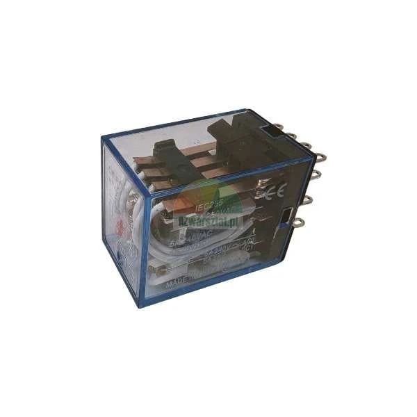 Electromagnetic relay in a transparent casing with visible internal contacts and wiring.