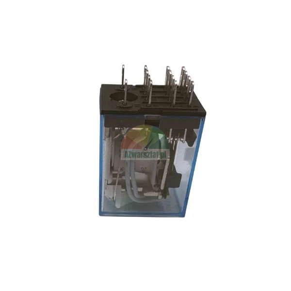 Electromagnetic relay in a transparent blue casing with visible contact pins.