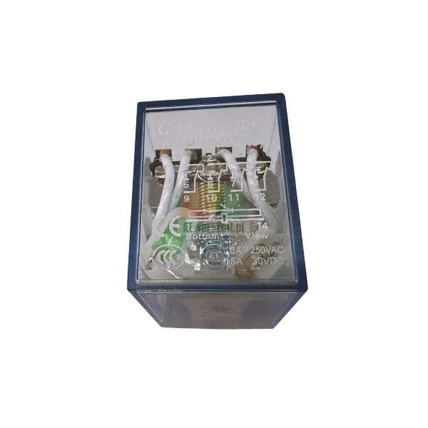 Electromagnetic relay in a transparent housing with internal components and technical diagrams visible.