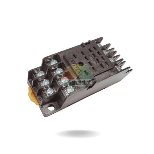 Black 14-pin relay socket base with screw terminals for DIN rail mounting.