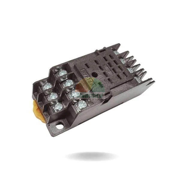 Black 14-pin relay socket base with screw terminals for DIN rail mounting.