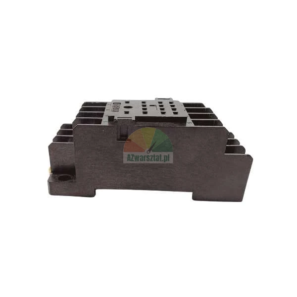 Black plastic relay socket with multiple pin slots and side fins on a white background.