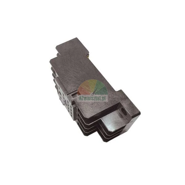 Black plastic relay socket base for industrial electronic components.