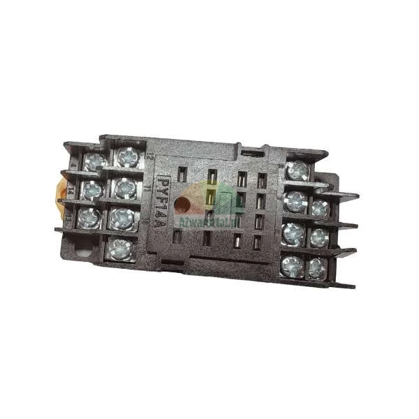 Black PYF14A relay socket with screw terminals.
