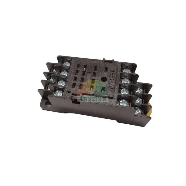 Black relay socket with multiple pin slots and screw terminals.