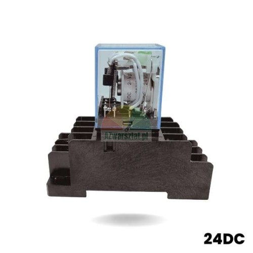 Relay socket with 24V DC power relay in a transparent housing on a black base.