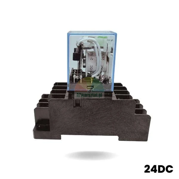 Relay socket with 24V DC power relay in a transparent housing on a black base.