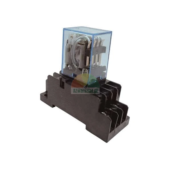 Electromagnetic relay with a transparent blue cover mounted on a black socket base