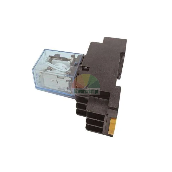 Industrial relay plugged into a black socket base on a white background