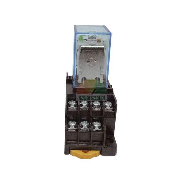 Electromagnetic relay with a transparent blue cover mounted on a black socket with screw terminals.