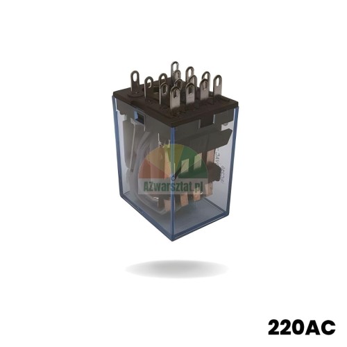 Auxiliary / power relay 220V AC in a transparent housing with visible internal mechanism and connection pins.