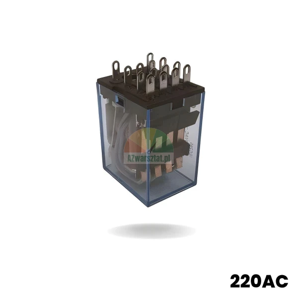 Auxiliary / power relay 220V AC in a transparent housing with visible internal mechanism and connection pins.
