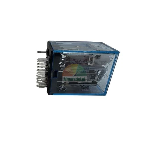 Transparent electromagnetic relay with metal pins in a blue plastic casing.