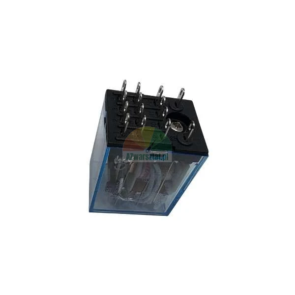 Electromagnetic relay in a transparent housing with visible pins on a black base.