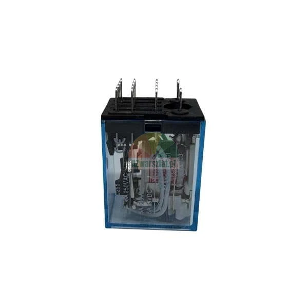 Industrial electromagnetic relay 5A 250VAC in a transparent blue housing with metal pins on top.