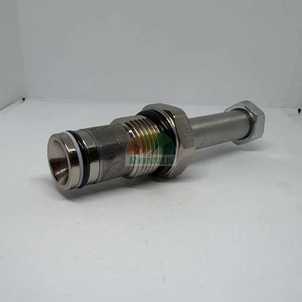 Metal valve cartridge with mesh filter, o-ring seals, and threaded section on a light background.